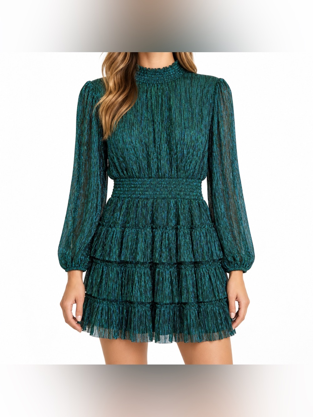 1.State Green Metallic Tiered Ruffle Long Sleeve Mini Dress Small